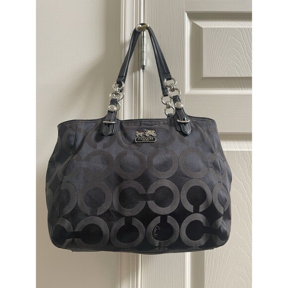 COACH SIGNATURE MIA OP ART TOTE SHOULDER BAG J1182-F15758 Black Purple Lining - Picture 1 of 16